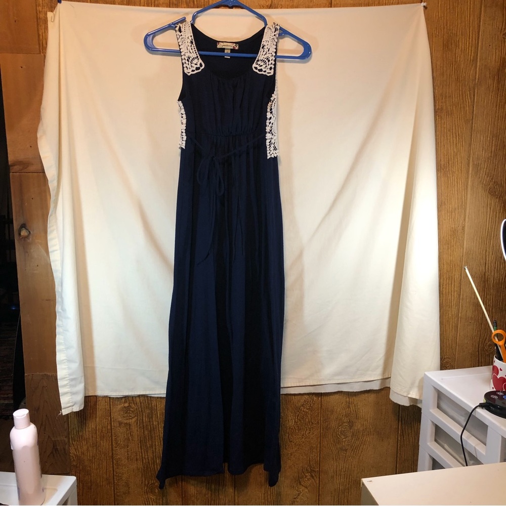 Speechless Girls blue sleeveless maxi dress with cream lace color 12